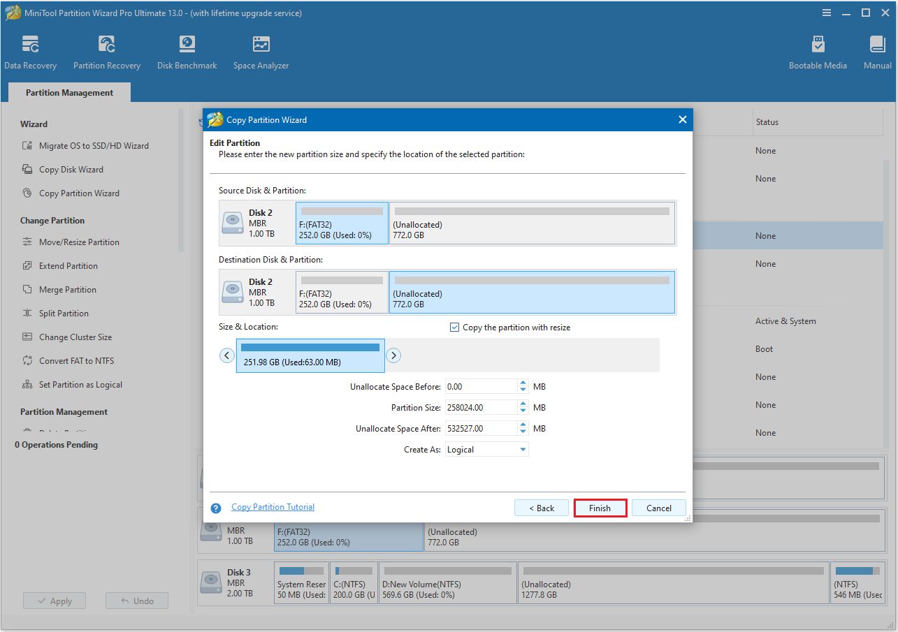 MiniTool Partition Wizard interface with the box showing Partition Size, etc.