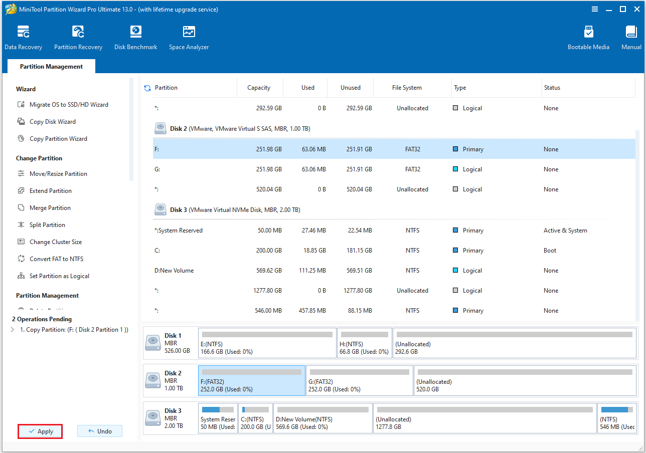 MiniTool Partition Wizard interface with the Apply button in the bottom left corner.