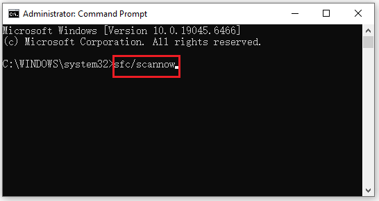 The interface of typing a command line to repair corrupted system files.