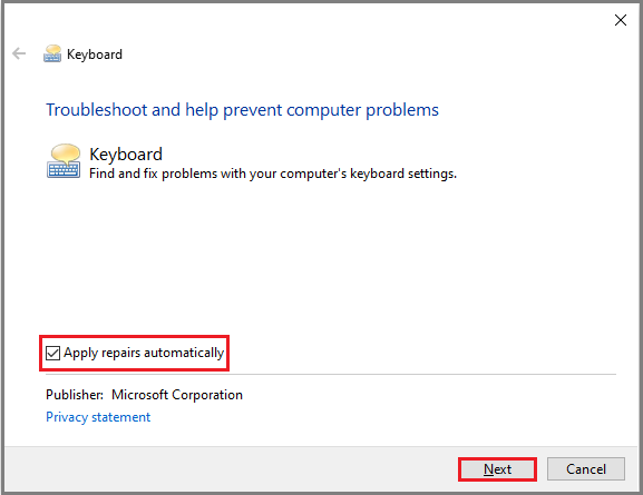 The keyboard troubleshooter interface with the selected Apply repairs automatically option.