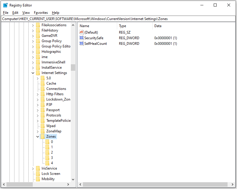 Registry Editor interface displaying the zones path.