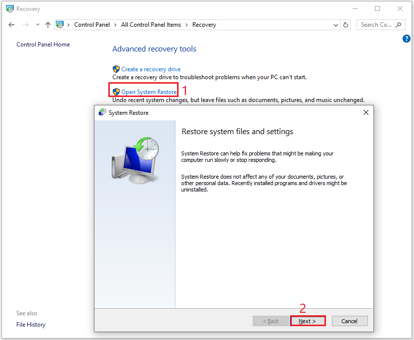 Control Panel Recovery interface with the enabled System Restore window.