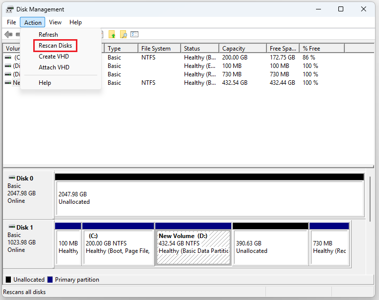 The interface of Disk Management with selected Rescan Disks.