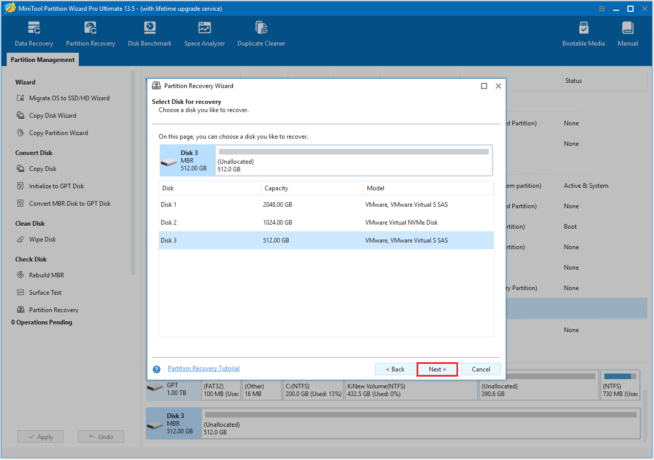 MiniTool Partition Wizard interface with the selected disk.