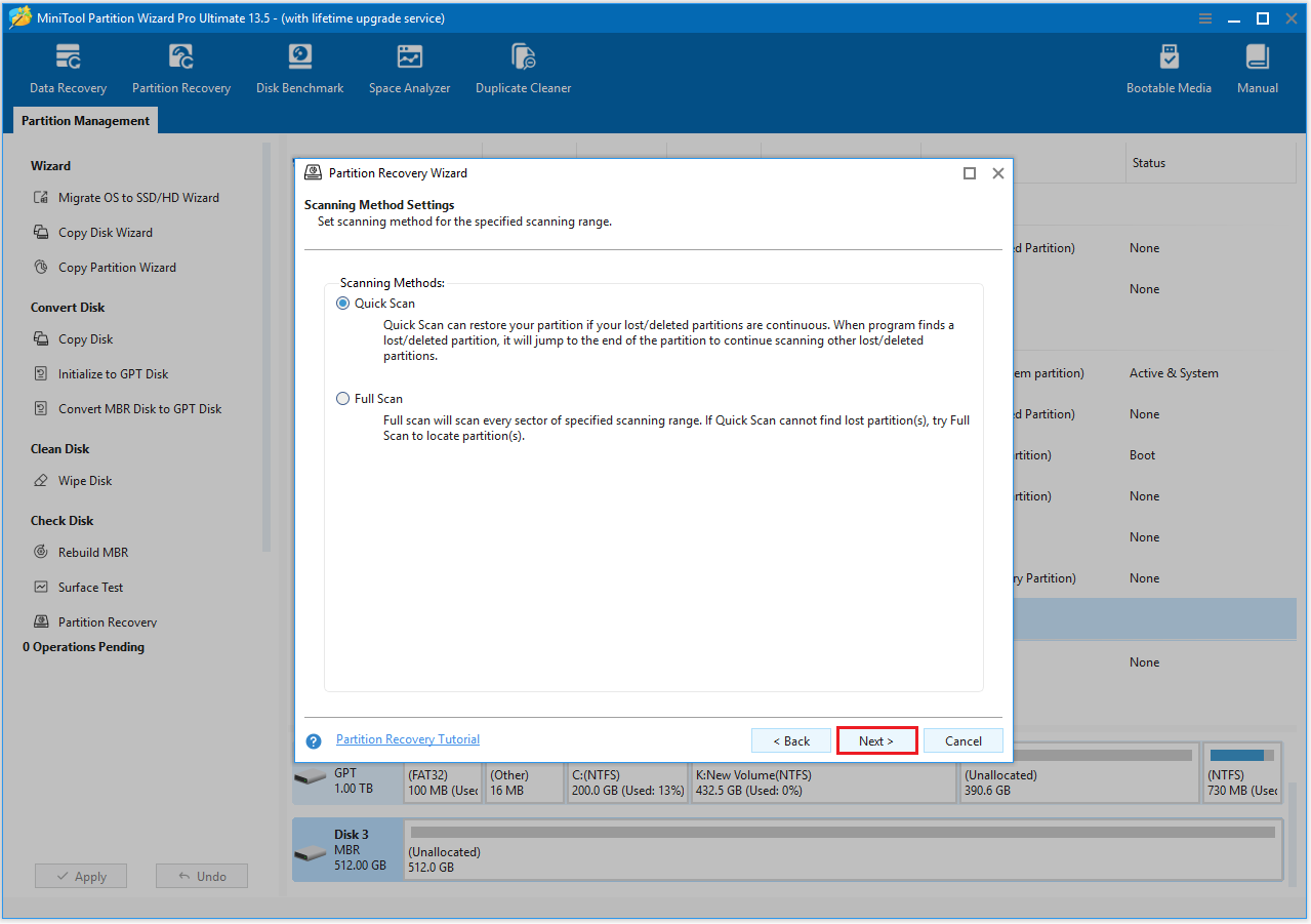 MiniTool Partition Wizard interface with the window to select the Partition Recovery scanning method.