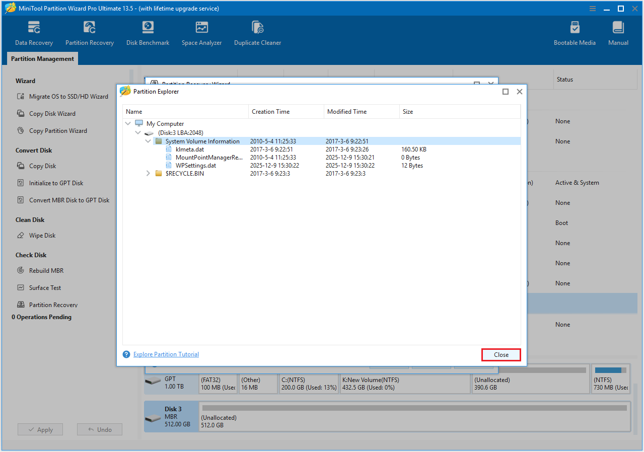 The Partition Explorer window showing the directory structure of the partition to be recovered in MiniTool Partition Wizard.