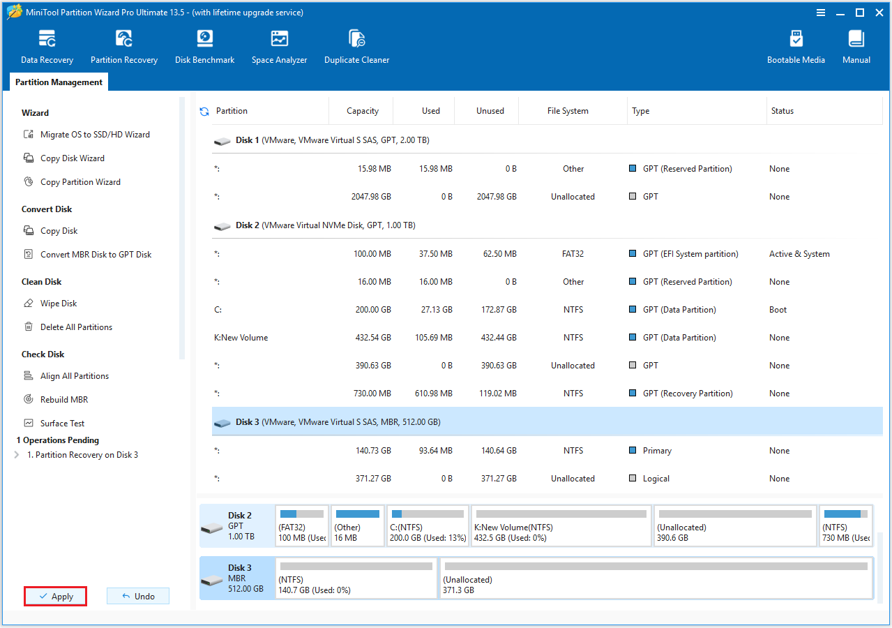 MiniTool Partition Wizard interface with the Apply button selected on the left panel.