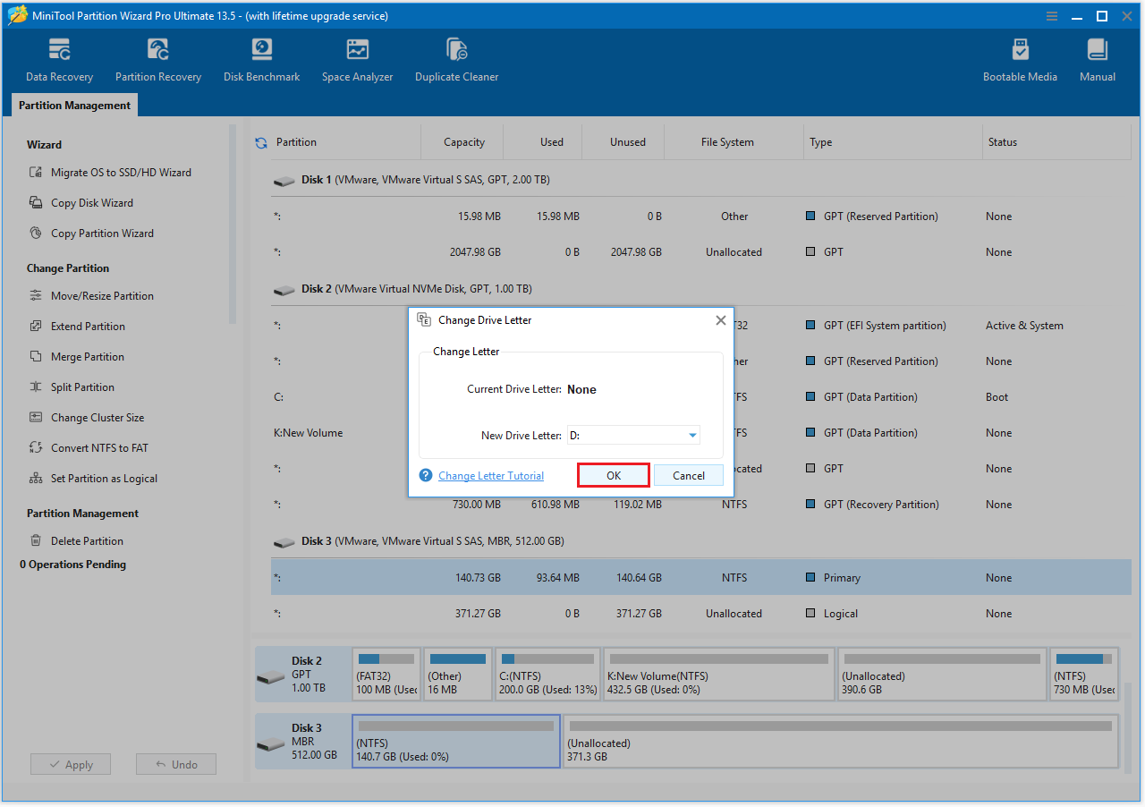 MiniTool Partition Wizard interface with the window to assign a drive letter.