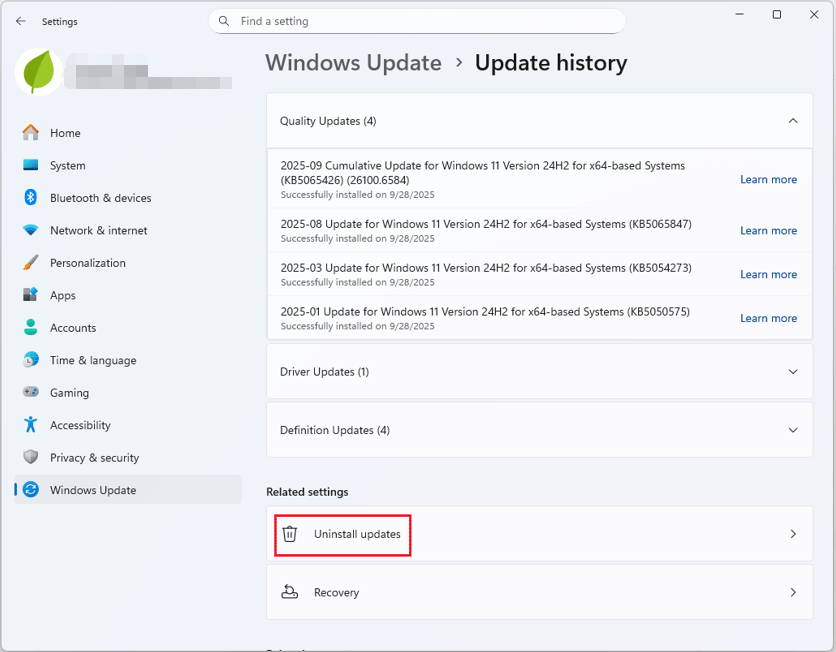 Windows 11 Settings Update history panel with the selected Uninstall updates option.