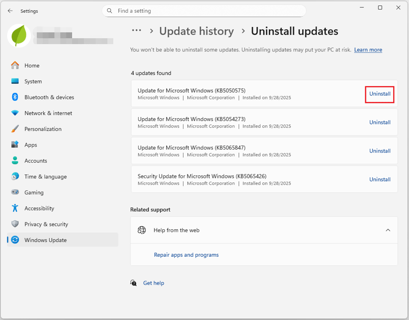 Windows 11 Settings Uninstall updates panel with the selected Uninstall option.
