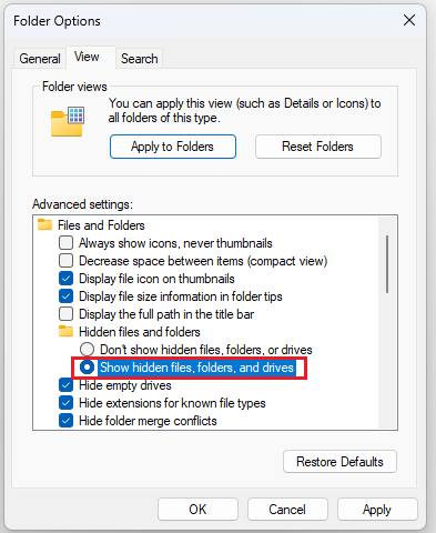 The interface of Folder Options with the selected hidden files, folders, and drives.