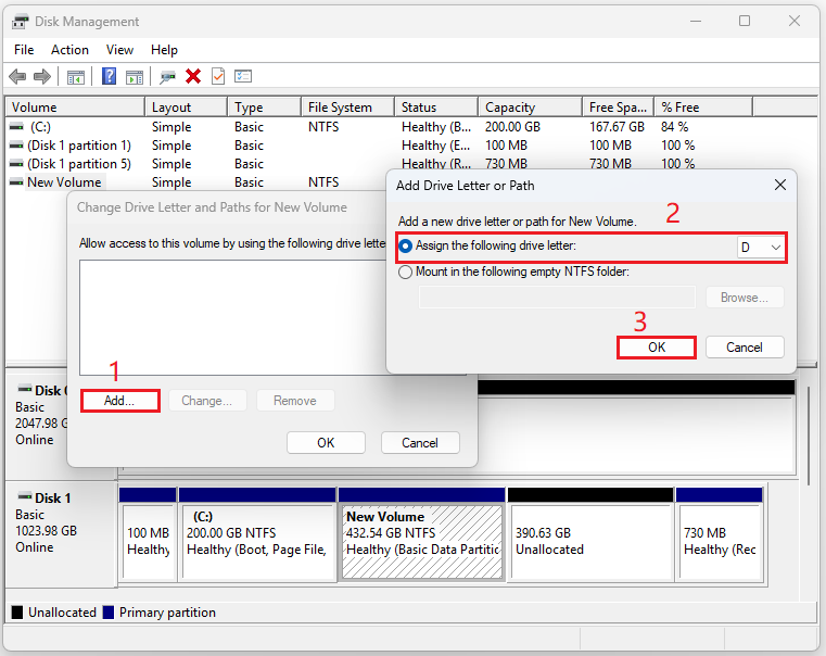 The interface of Add Drive Letter or Path with the selected assign drive letter.
