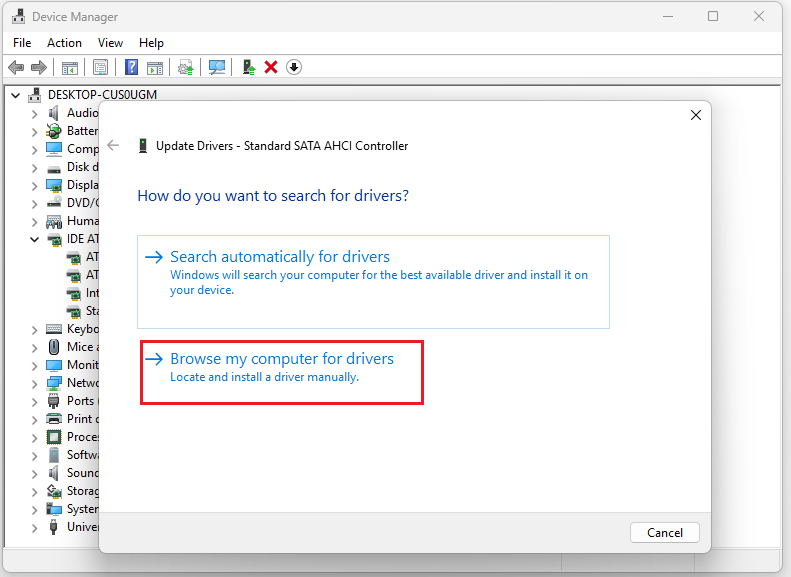 The interface of Device Manager with the selected Browse my computer for drives option.