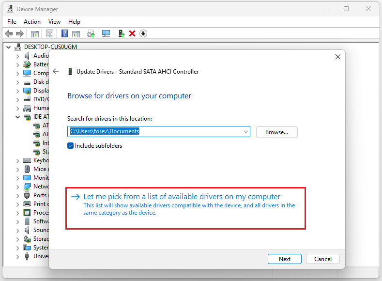 The interface of Disk Management with the selected Let me pick a list of available drives on my computer option.