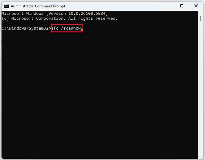 Command Prompt interface with the sfc scannow command.