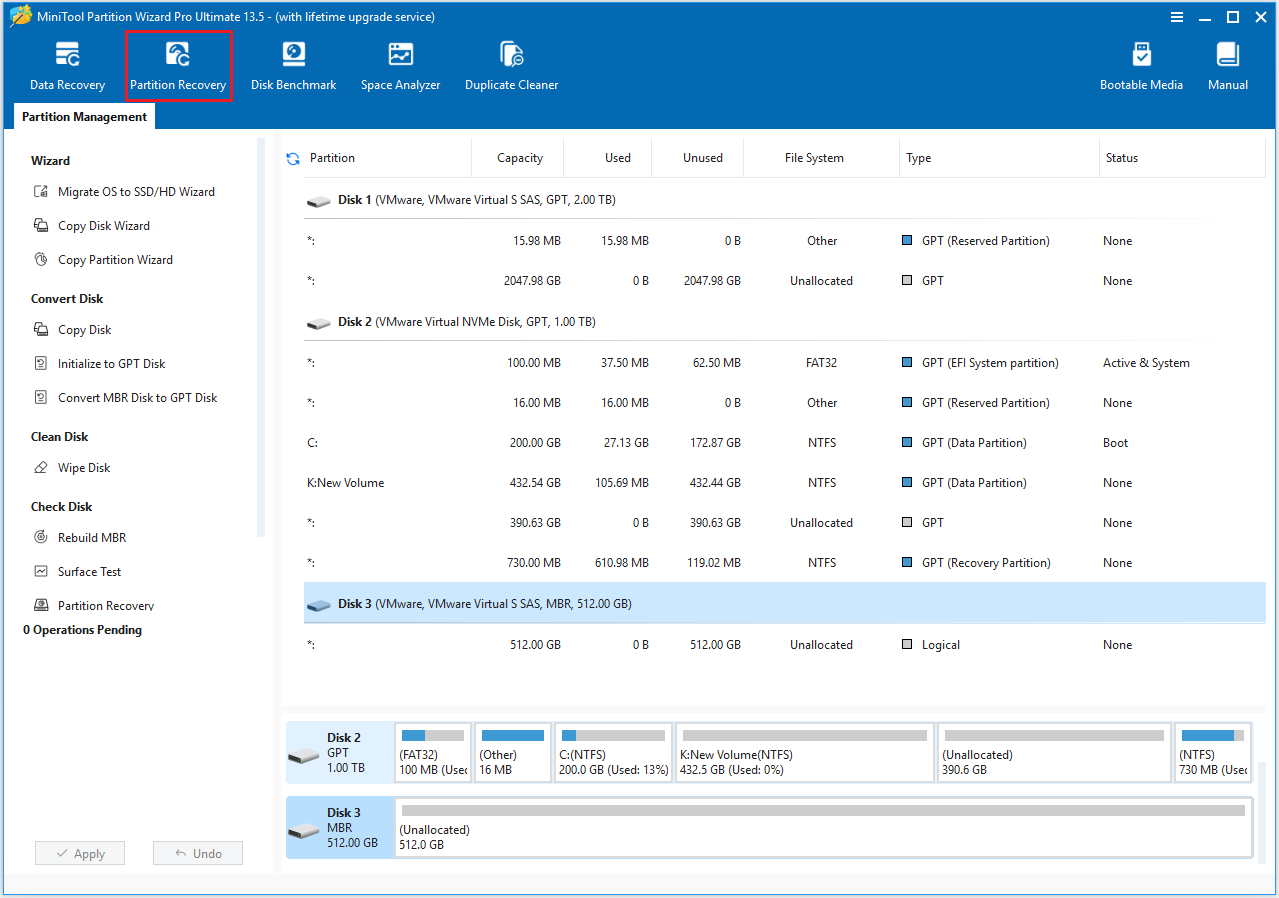 The selected Partition Recovery option of the MiniTool Partition Wizard interface.