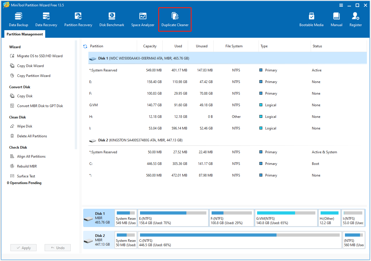 Duplicate Cleaner highlighted on the top toolbar of the MiniTool Partition Wizard interface.