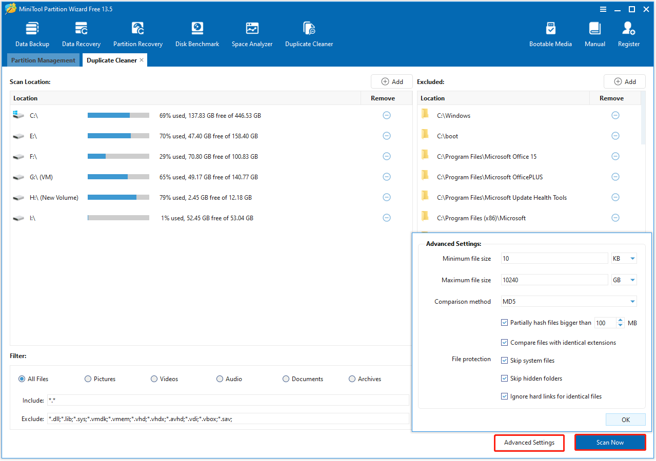 The MiniTool Partition Wizard with the Advanced Settings and Scan Now button in the bottom right corner.
