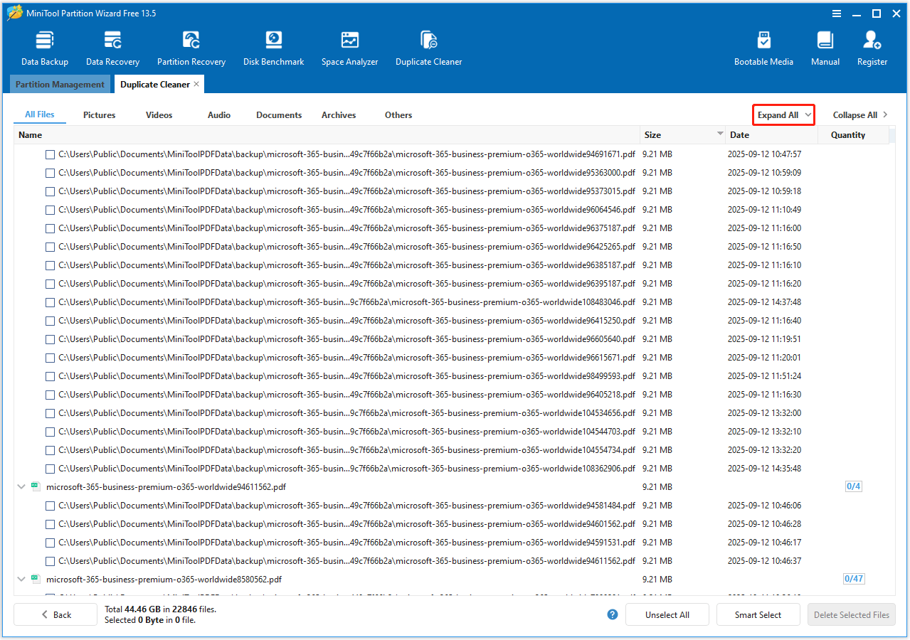 The MiniTool Partition Wizard interface with the result of scanning duplicate files.