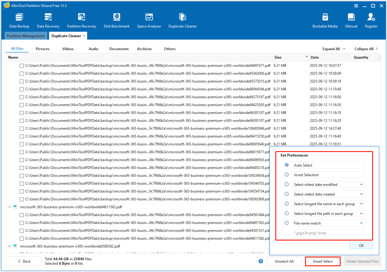 The Smart Select option selected in the bottom right corner of the MiniTool Partition Wizard interface.