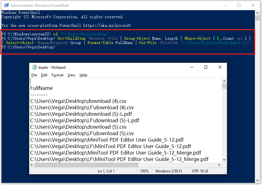 The PowerShell interface with the process of executing the commands to scan and export duplicate files.