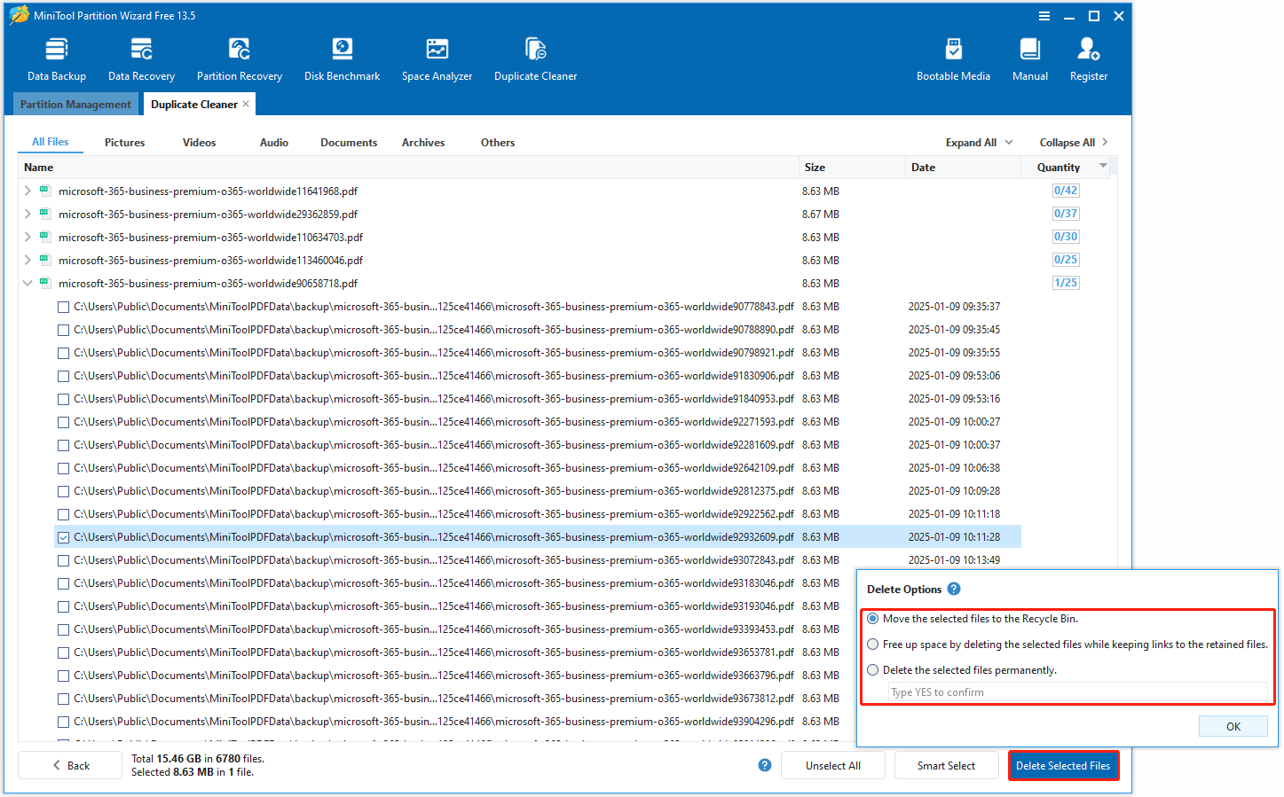 The Delete Selected Files button in the bottom right corner of the MiniTool Partition Wizard interface.