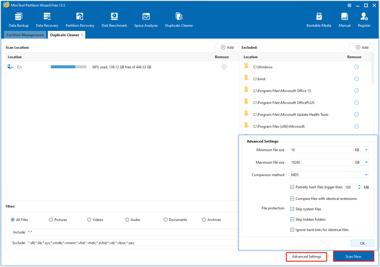 The Advanced Settings and Scan Now button in the bottom right corner of the MiniTool Partition Wizard interface.