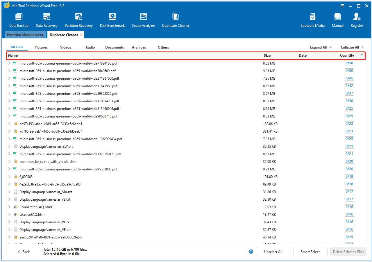 MiniTool Partition Wizard interface with the Name/Size/Quantity option in the upper of result.