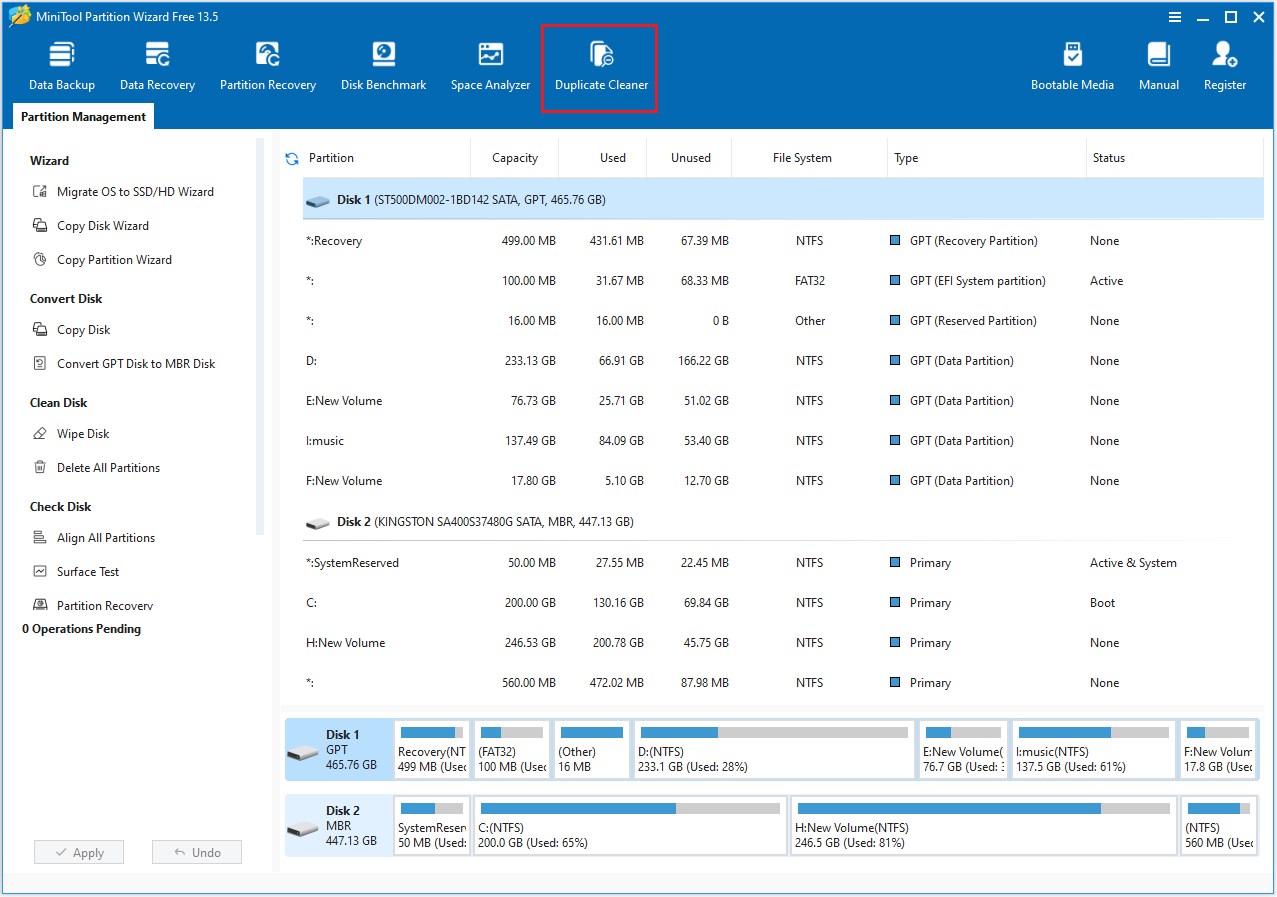 MiniTool Partition Wizard interface with the selected Duplicate Cleaner option.