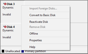 Dynamic Invalid disk and its right click menu.