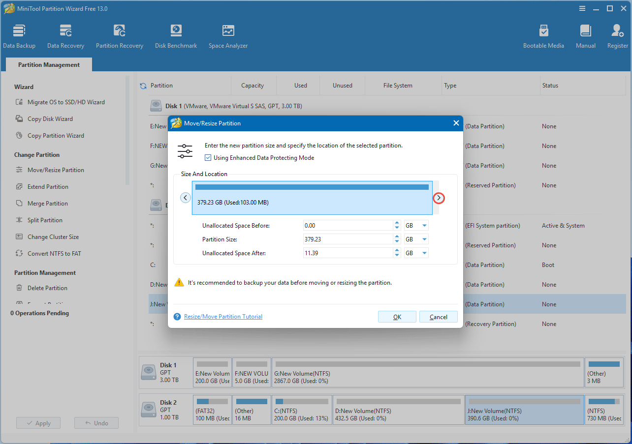 The partition resizing process of MiniTool Partition Wizard.