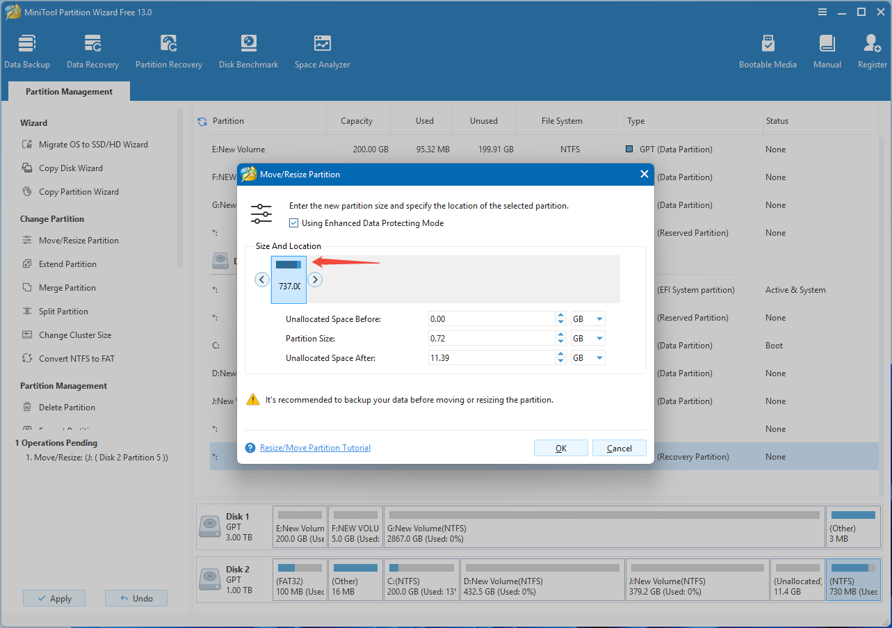 The partition moving process of MiniTool Partition Wizard.