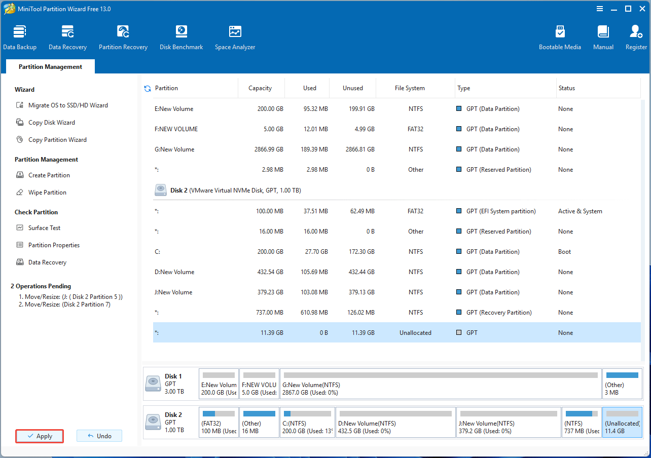 MiniTool Partition Wizard interface with the selected Apply button.