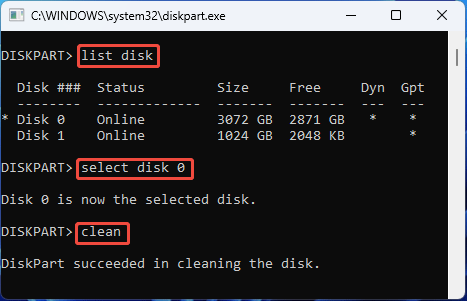 DiskPart disk clean commands