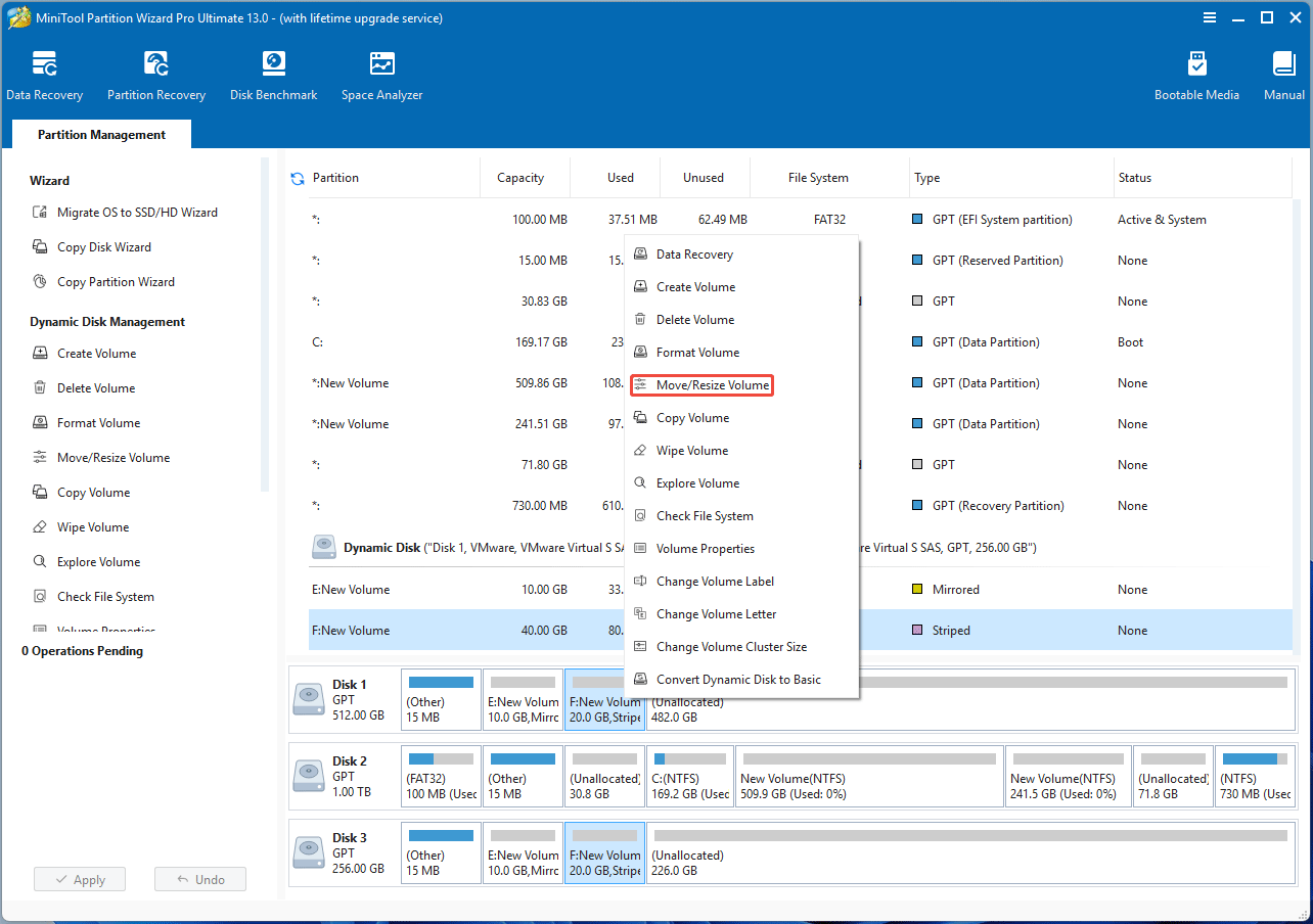 MiniTool Partition Wizard interface with the right click menu of a dynamic volume.