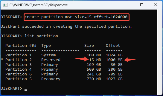 The DiskPart command to create the MSR partition.