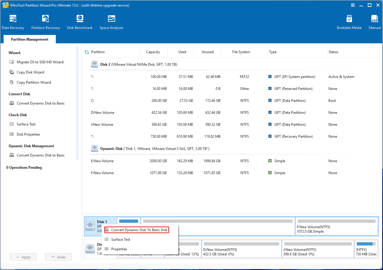 MiniTool Partition Wizard interface with the selected Convert Dynamic Disk to Basic Disk option.