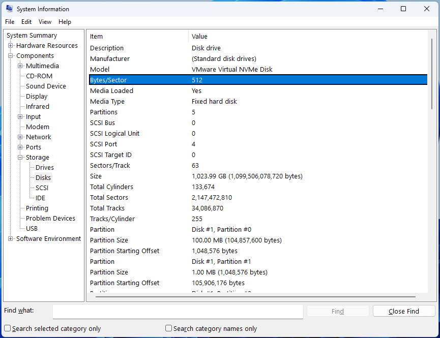 The System Information window showing the Bytes per Sector information of a hard drive.