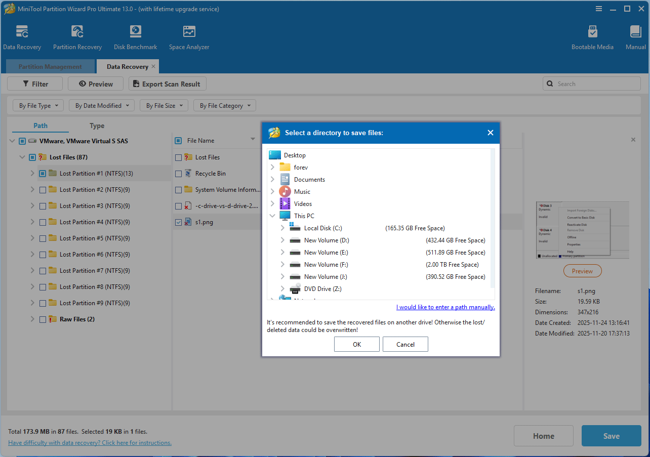 MiniTool Partition Wizard data recovery interface with a window asking you to select a directory to save files.