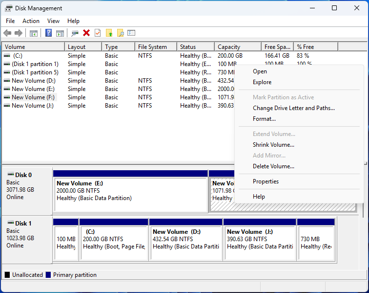 The right click menu of a partition in Disk Management.
