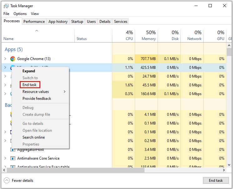 The Task Manager window with the menu to choose an application to End task.