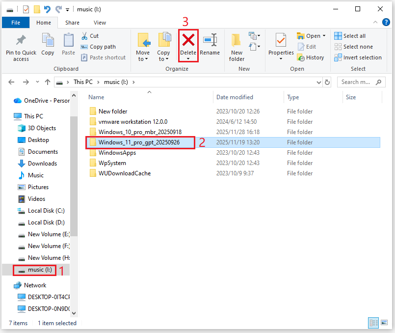 The interface of deleting a file via File Explorer.