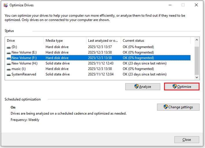 Optimize Drives interface with the selected Optimize option.
