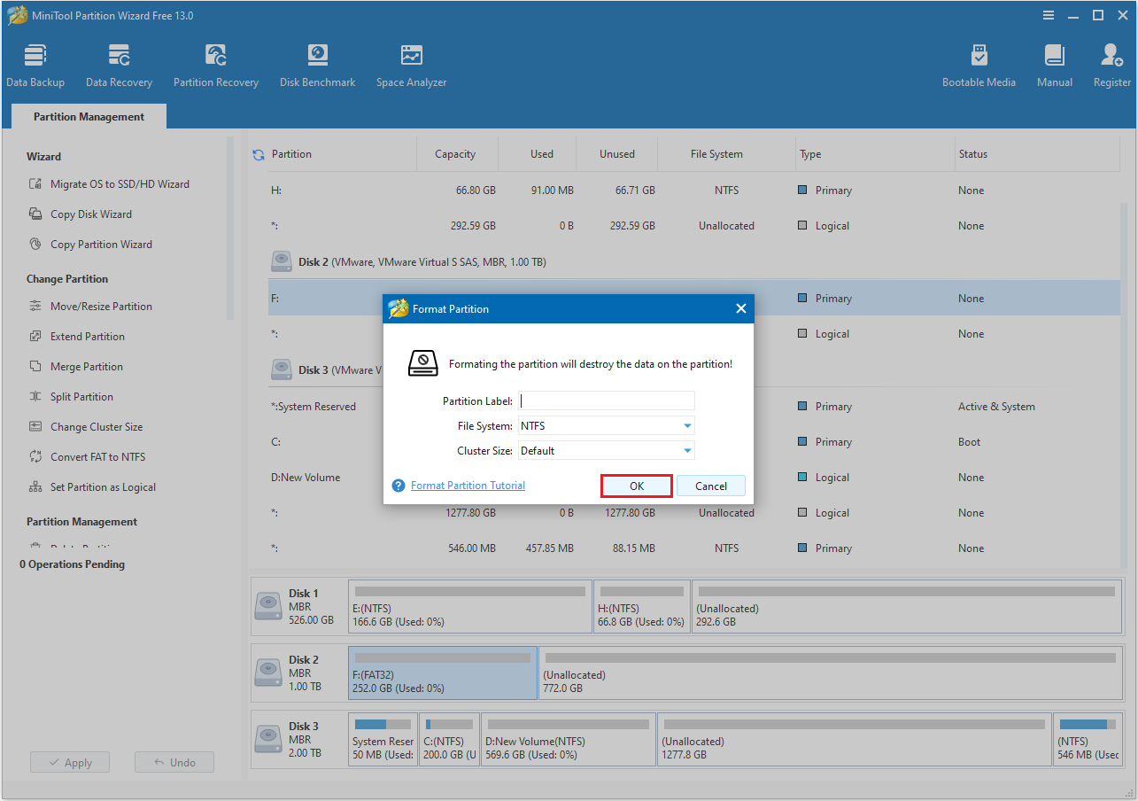 MiniTool Partition Wizard interface with the format option to format the external hard drive.