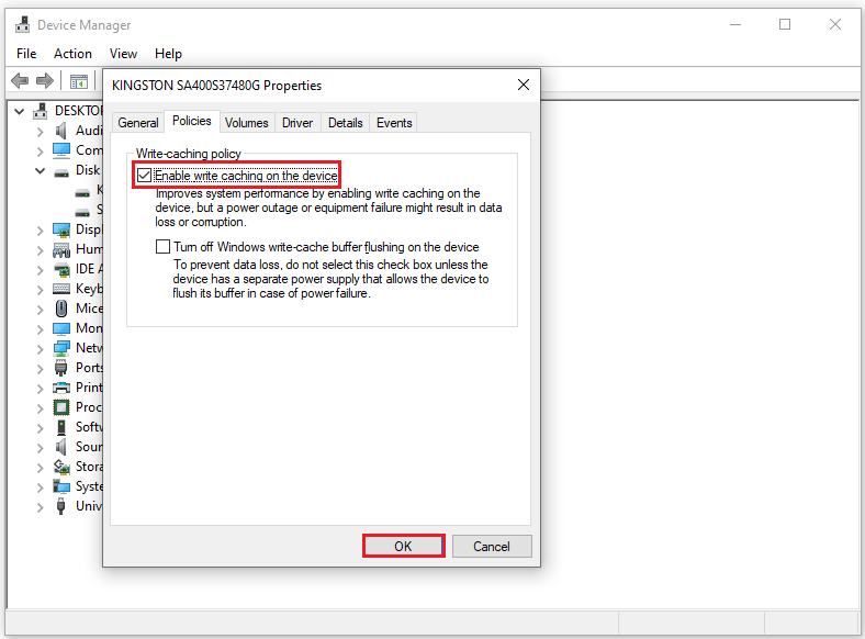 The interface for enabling write caching on the device.