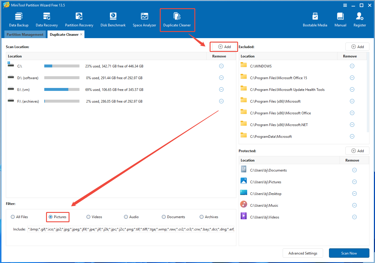 MiniTool Partition Wizard Duplicate Cleaner interface with the selected pictures filter option.