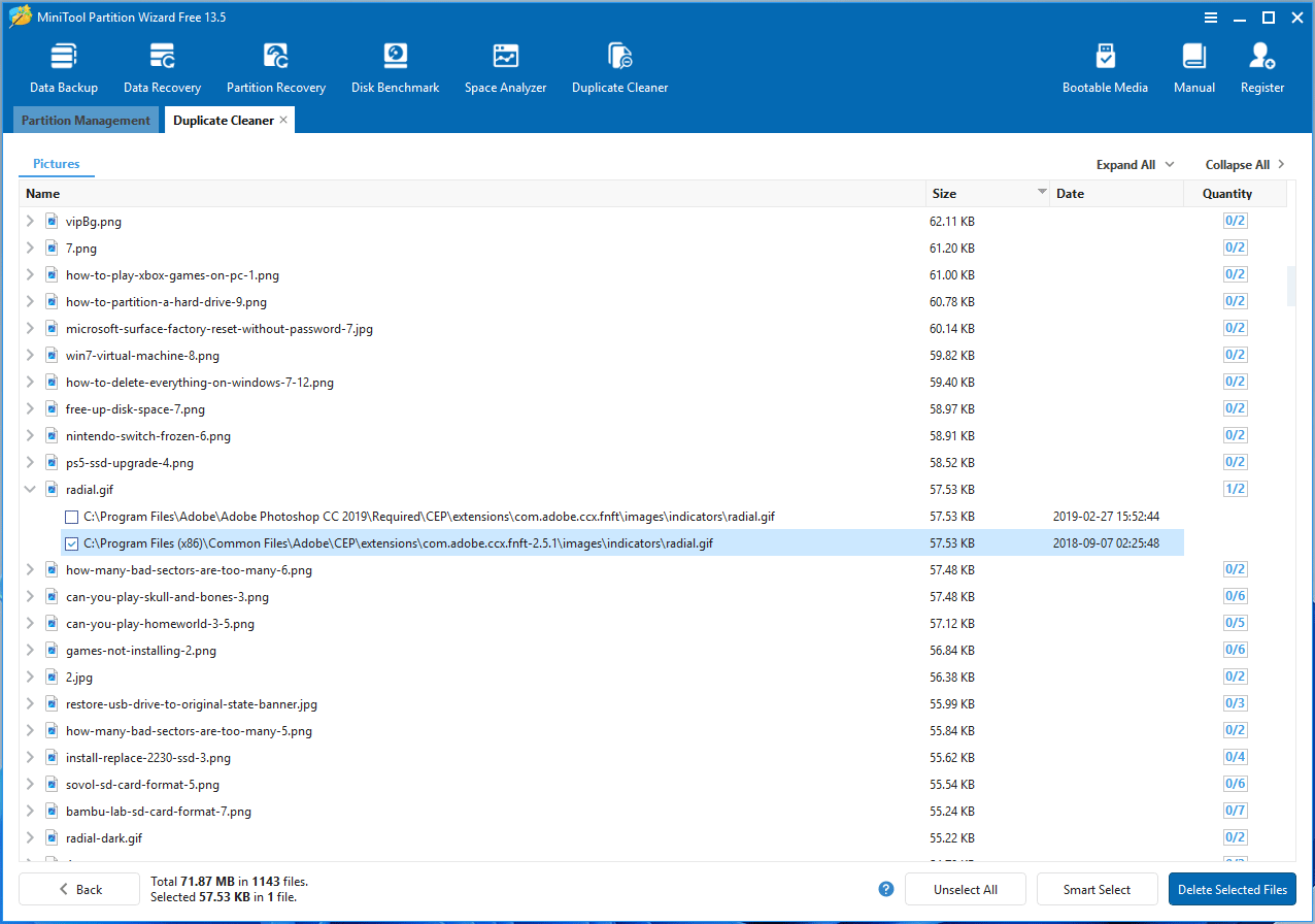 MiniTool Partition Wizard Duplicate Cleaner interface with listed duplicate pictures.