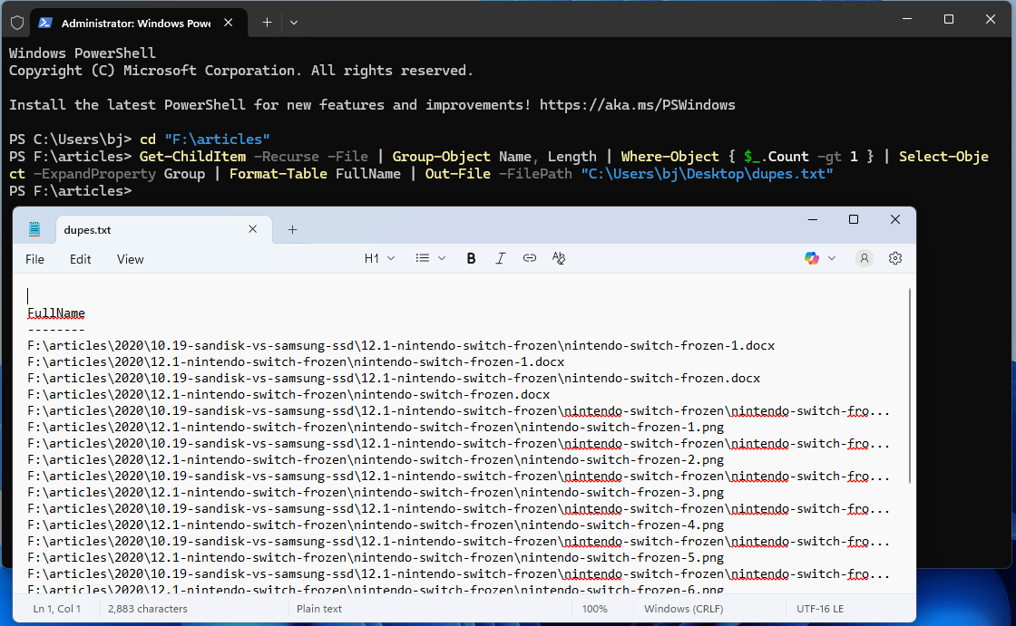 Screenshot showing PowerShell commands used to find duplicate images.