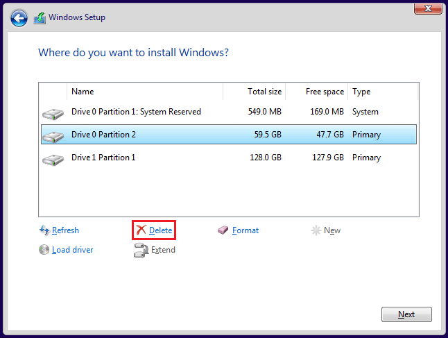 The Delete option selected under the disk in the Windows Setup interface.