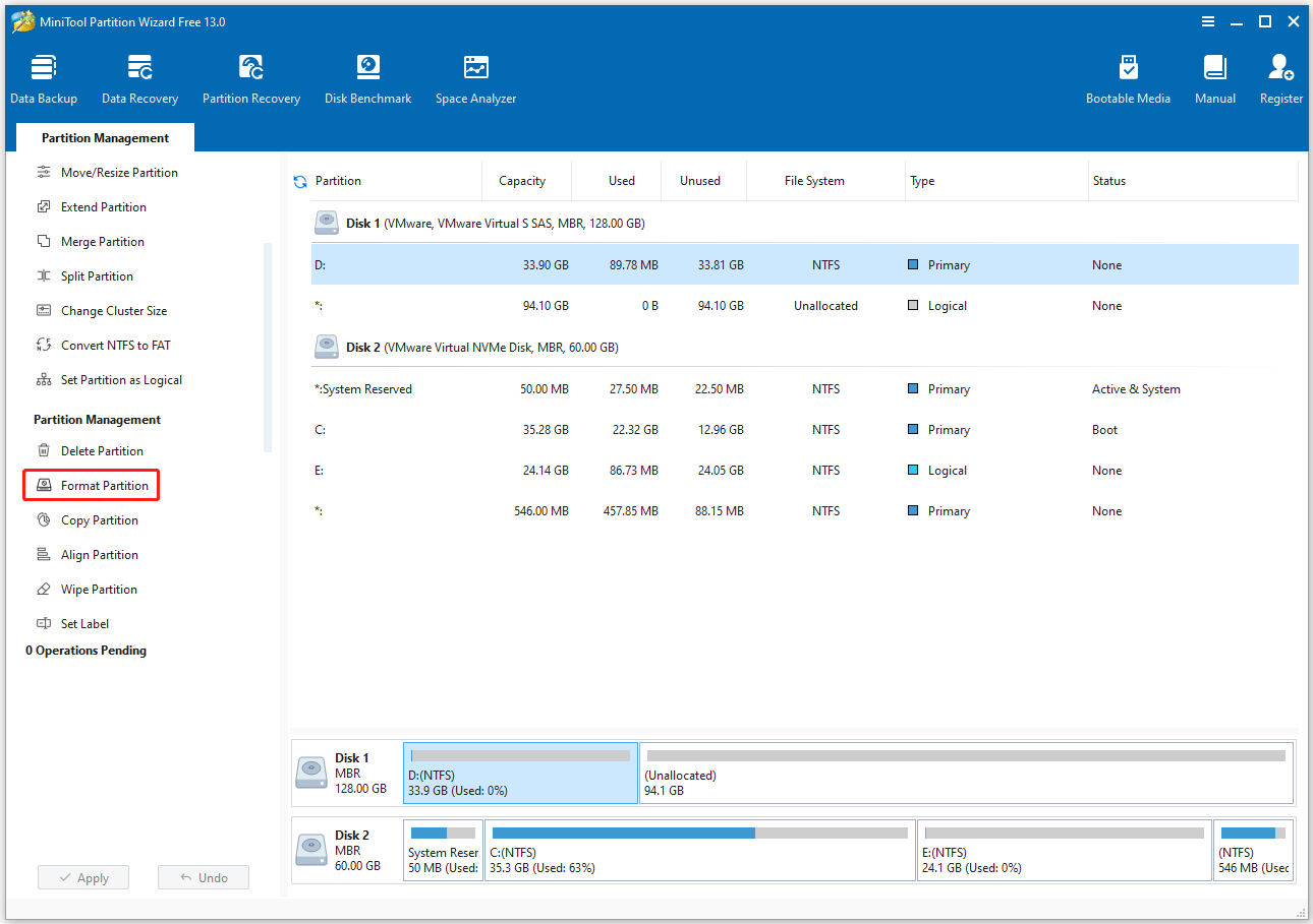 The Format Partition option on the left action panel of the MiniTool Partition Wizard interface.
